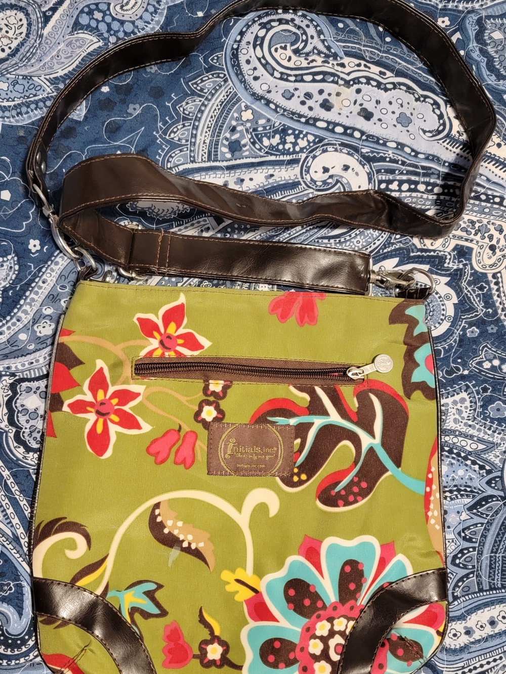 Initials Inc. Olive Green Floral Crossbody with Brown Trim